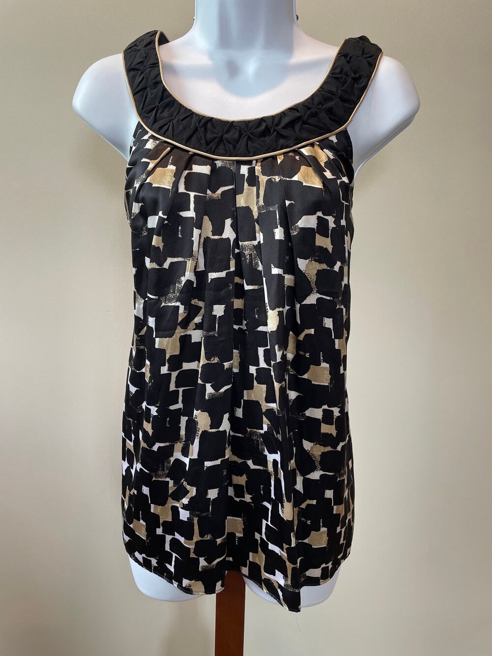 White House Black Market Silk Racerback Top Size S Abstract Black Tan White